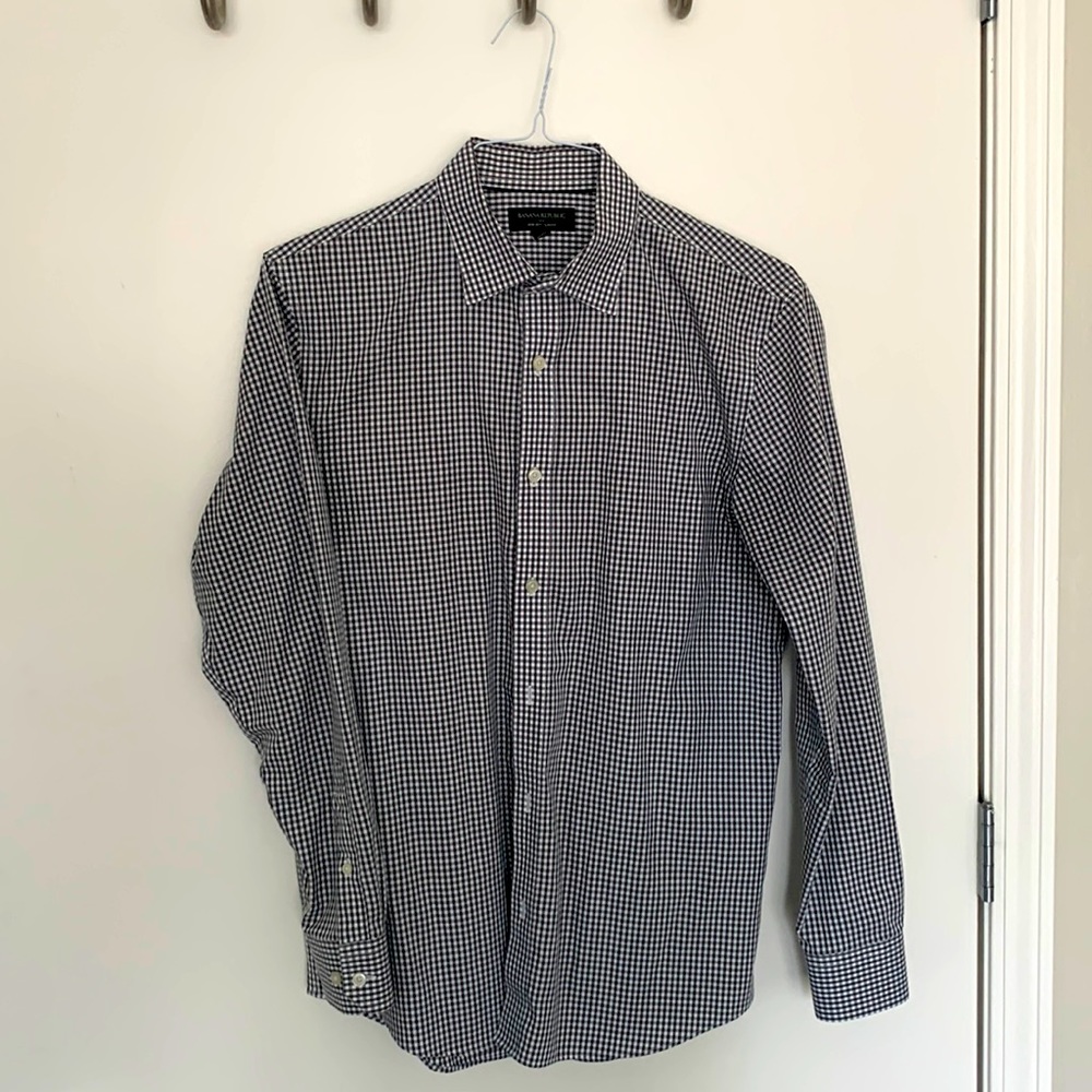 Banana Republic Dress Shirt Black and White Checkered Size: M Slim Fit